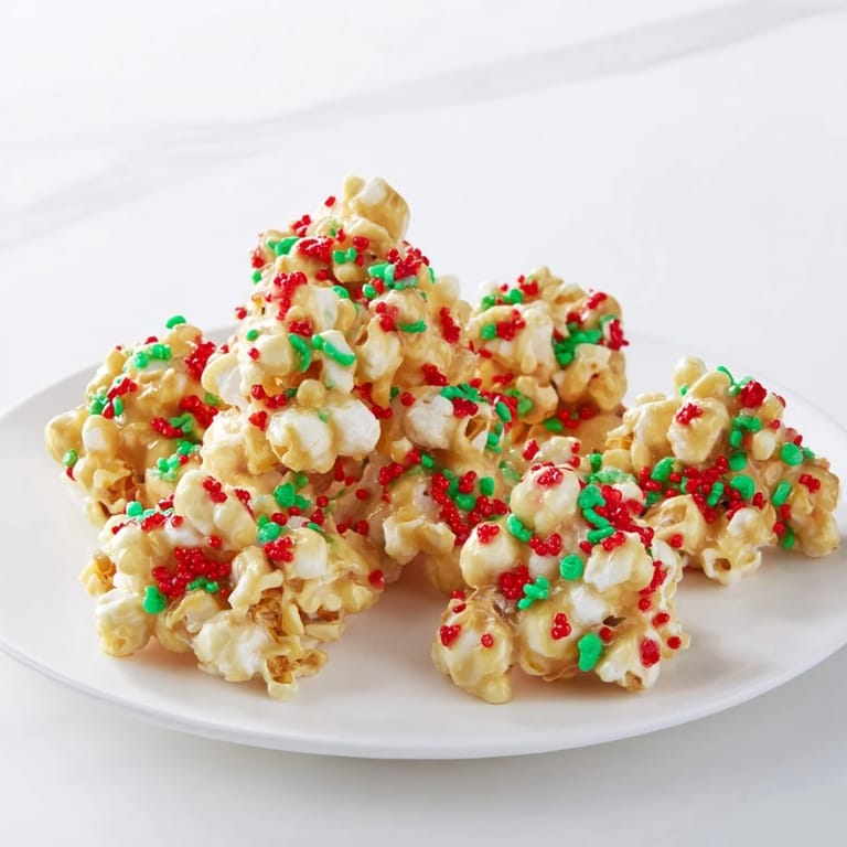 Festive, homemade Popcorn Piles, coated in sweet syrup and topped with colorful sprinkles, ideal for gatherings.