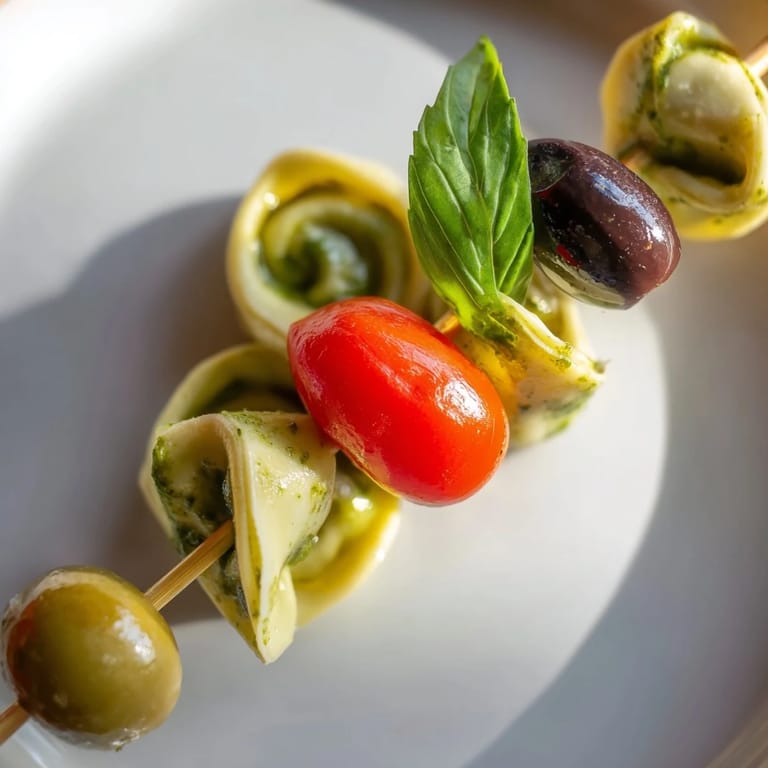 Close-up of vibrant Tortellini, Pesto, and Olive Skewers, a delicious Italian-inspired appetizer.