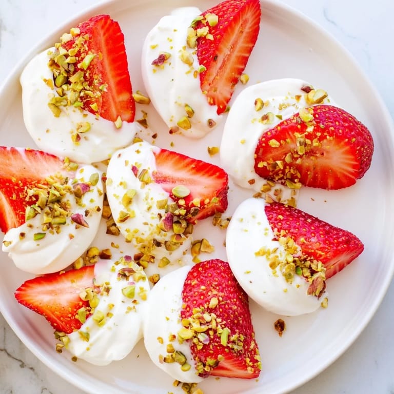 Frozen yogurt covered strawberry half circles, garnished with chopped nuts, a delightful dessert.