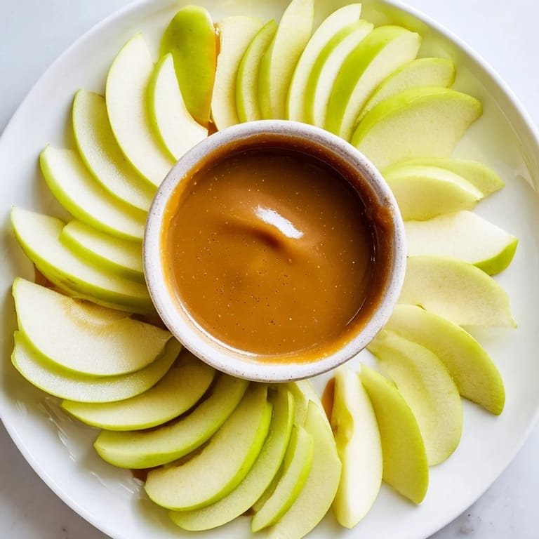This recipe: Apple Slices with Caramel Dip showcases a platter with arranged, fresh fruit for dipping.