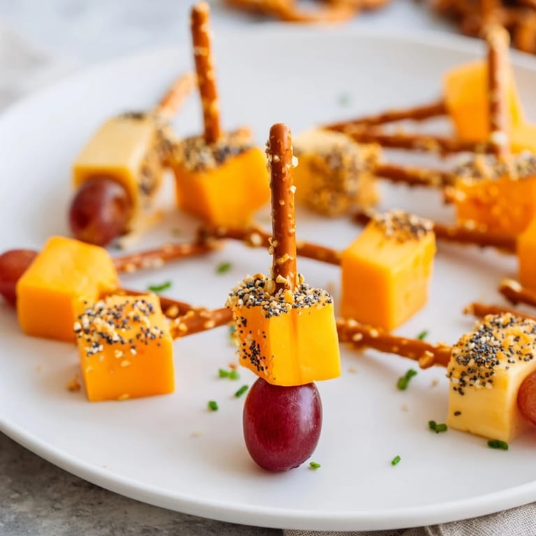 Ein Serviertablett zeigt funkelnde Cheddar-Käse-Pretzel-Sparklers, eine leckere und einfache Vorspeise für Partys.