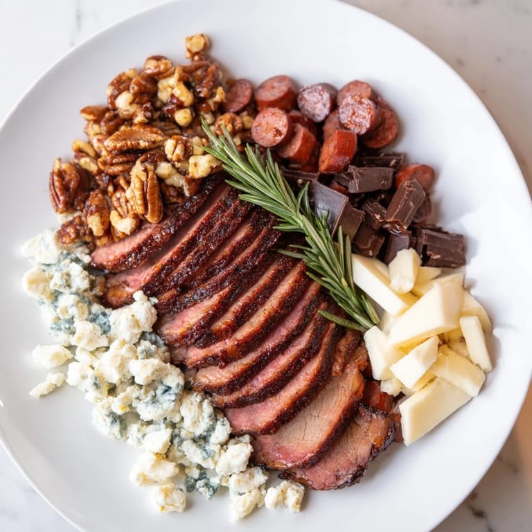 See the savory Smoky BBQ & Bourbon Companion charcuterie platter with meats, chocolate, and bourbon pairing beautifully.