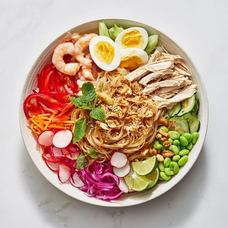 Vibrant Asian Fusion Noodle Bowl Board boasting colorful veggies, noodles, proteins, and dipping sauces ready to savor.