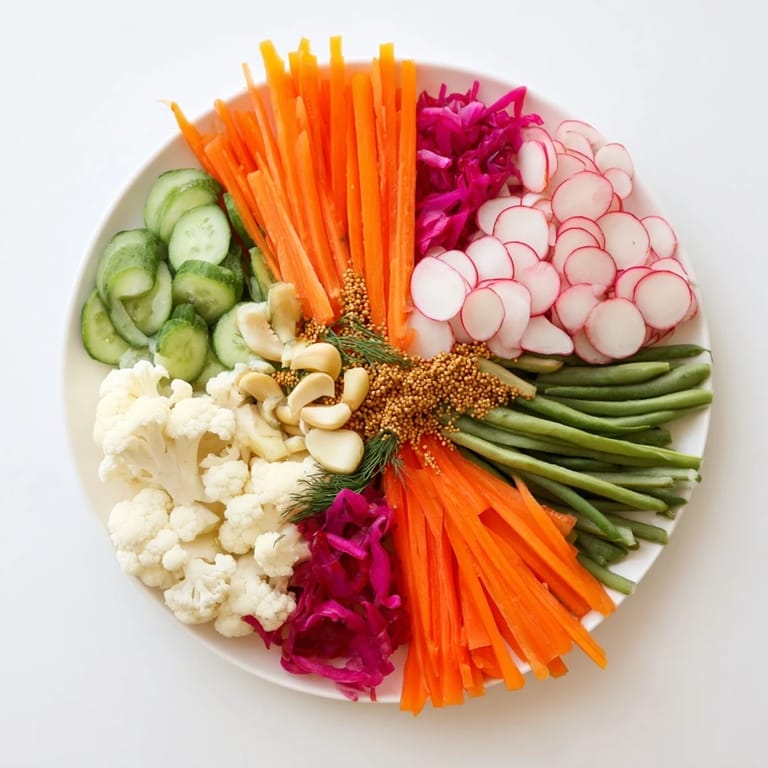 Crisp, colorful pickled vegetables arranged in a vibrant pattern showcasing the The Pickled & Fermented Feast.