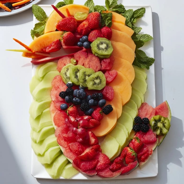 This healthy dragon-shaped fruit tray showcases a fun, artistic arrangement for guests.