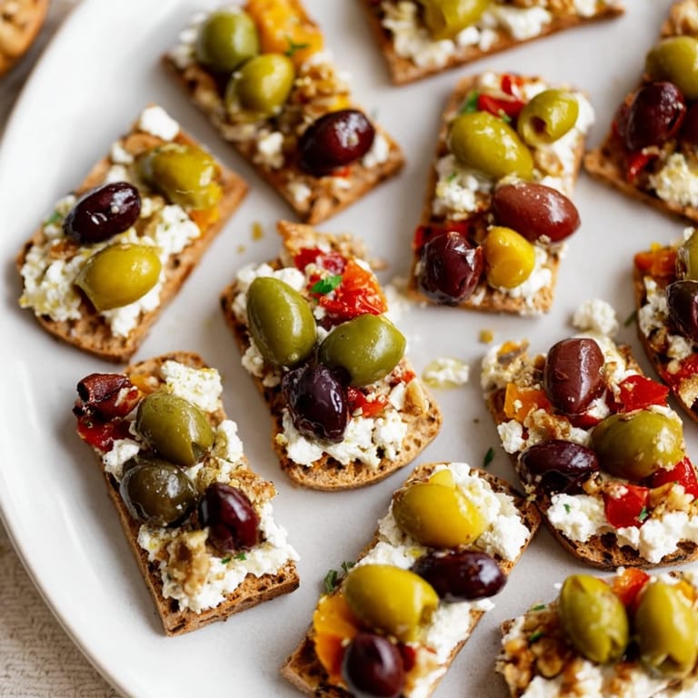European-inspired cobblestone courtyard appetizer: a simple platter of olives and round crackers.
