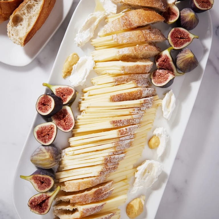 Französisches Bistro Elegance: Ein Teller mit Baguette, Käse und Feigen, ein köstliches Vorspeisen-Erlebnis.