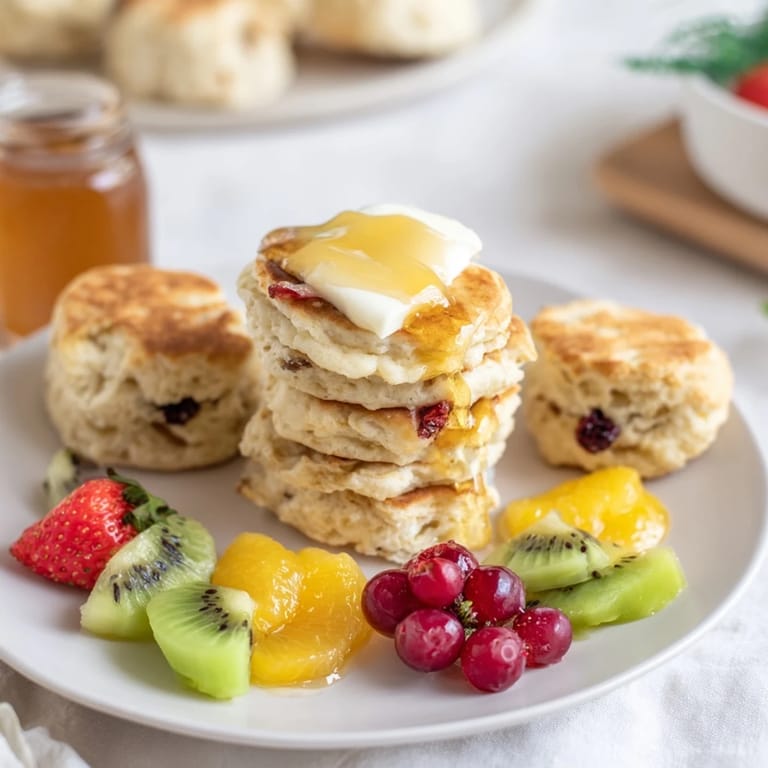 This Breakfast Brunch Board Bliss photo features golden mini pancakes and scones alongside fresh, juicy fruits. 