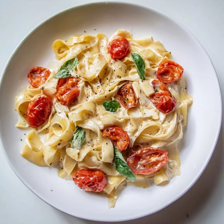 Cremiger, gebackener Brie-Pasta-Sauce, der mit geschmolzenem Brie und sonnenverwöhnten Tomaten bedeckt ist.
