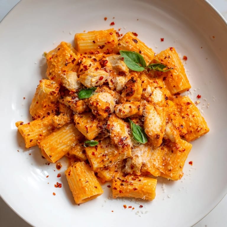 Close-up of Spicy Vodka Chicken Pasta with rigatoni, chicken and a rich creamy sauce.