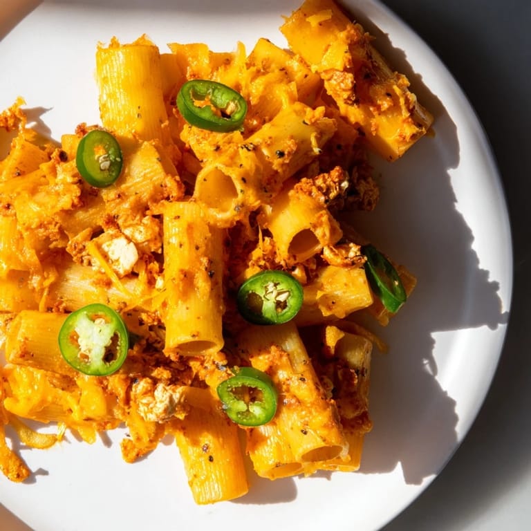Golden, crispy Pasta Chip Nachos piled high with taco chicken and melted cheddar cheese are delicious.