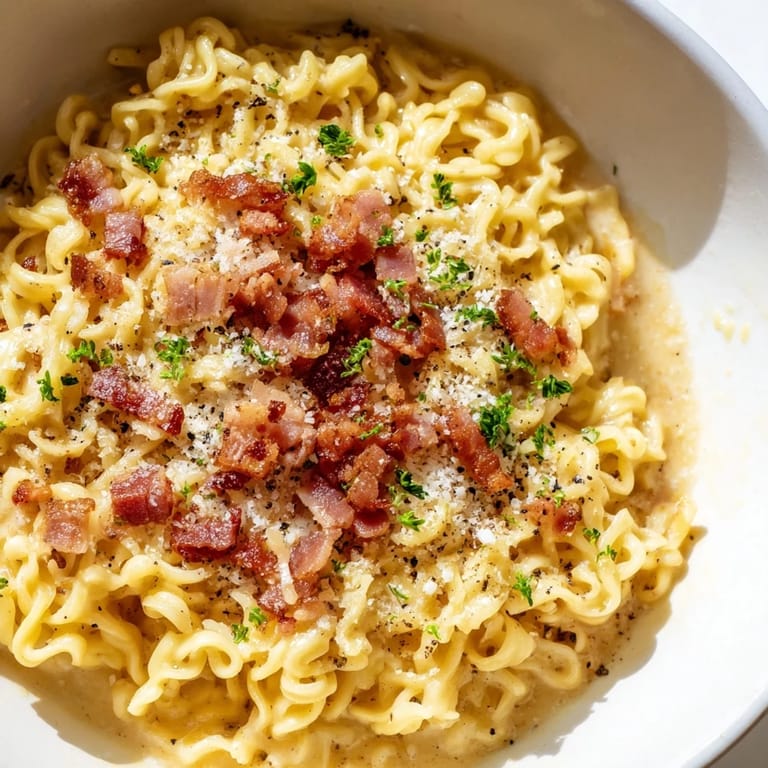 Savory Ramen Carbonara Hack with optional bacon, a delicious and satisfying fusion dish with cheesy flavor.