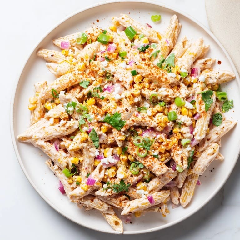 A bowl of Mexican street corn pasta, featuring colorful veggies and crumbled cotija cheese.