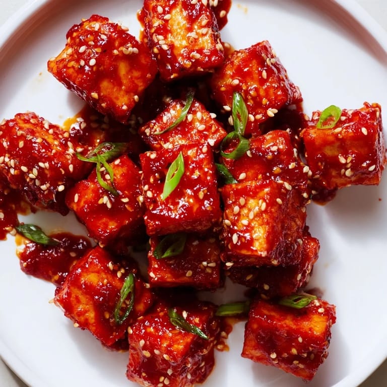 A serving of Honey Gochujang Tofu: Sticky, golden cubes garnished with sesame seeds and green onions.