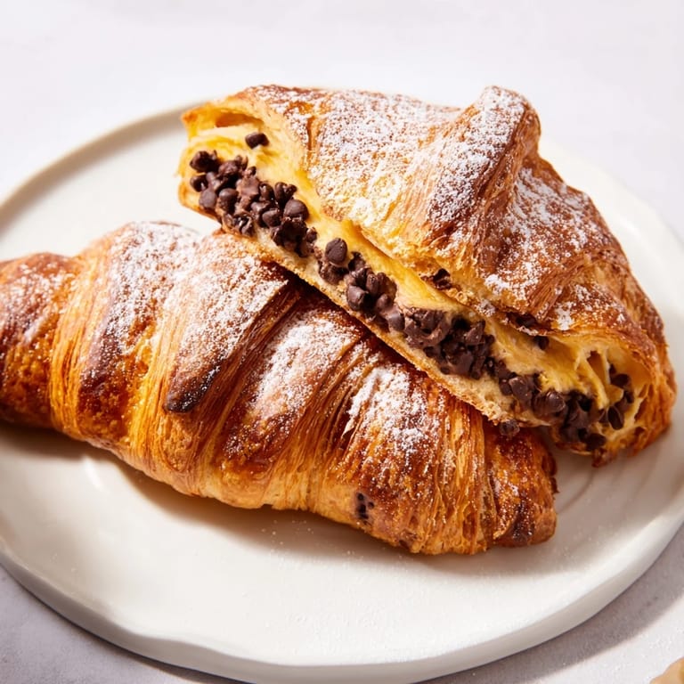Freshly baked Cookie Croissant, a delicious fusion pastry dusted with powdered sugar, ready to eat.