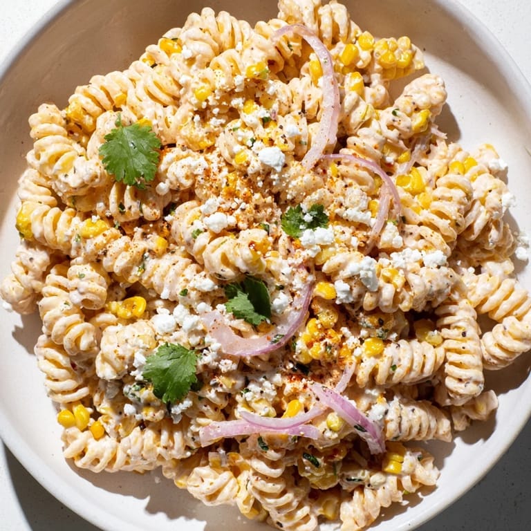 Close-up of the flavorful Creamy Street Corn Pasta Salad, perfect for any summer gathering.