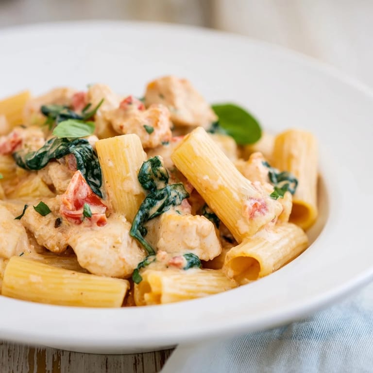 A close-up of the flavorful Budget-Friendly Marry Me Chicken Pasta, garnished with fresh basil.