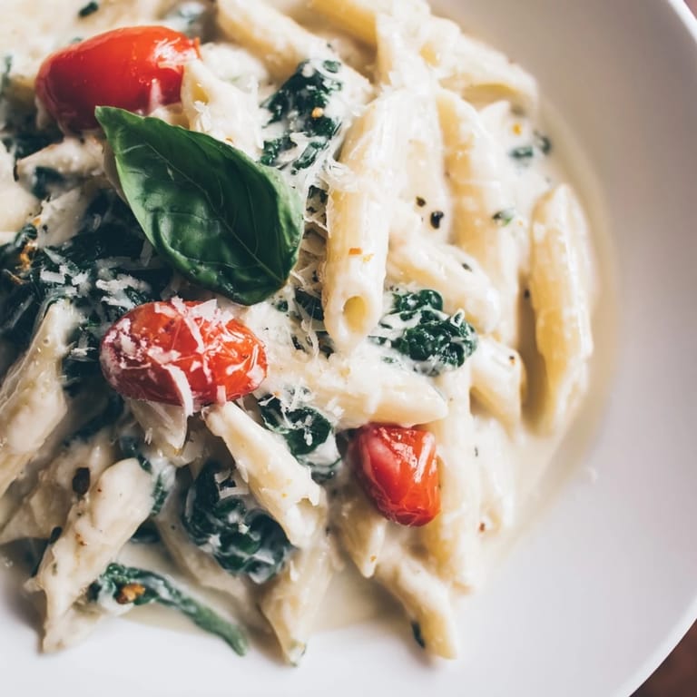 A close-up of delicious Cottage Cheese High-Protein Pasta, tossed with wilted spinach, ready to serve.