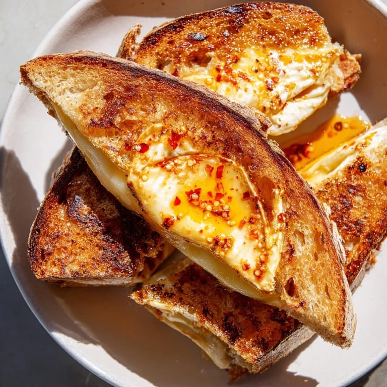 Enjoy this close-up of a warm Brie and Chili Crisp Grilled Cheese, ready for a delicious, gourmet lunch.