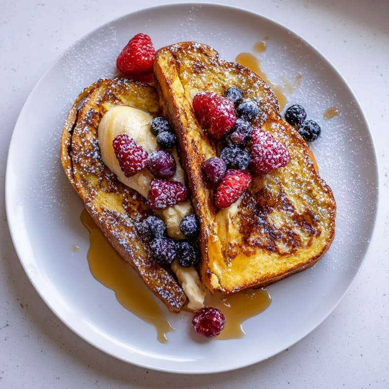 Warm and decadent ice cream French toast piled high, served with fresh berries and powdered sugar.