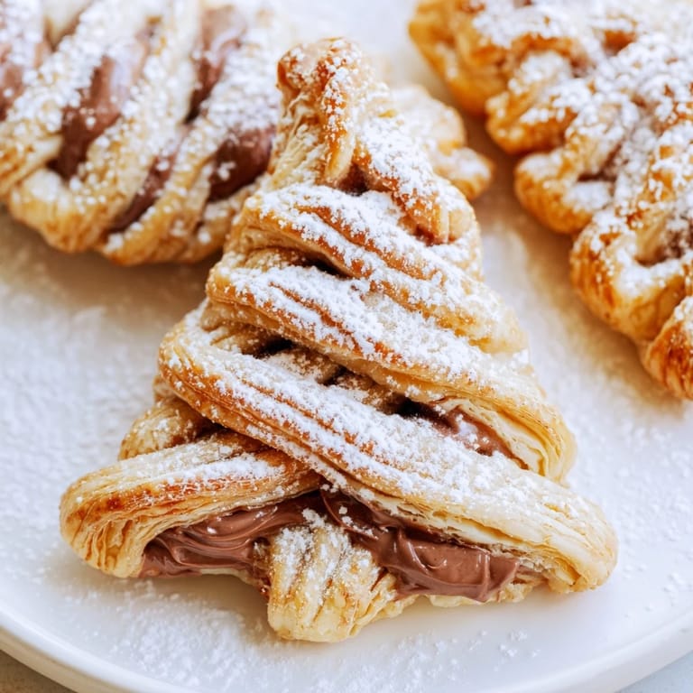 A close-up of delicious Nutella Pastry Christmas Trees, dusted with powdered sugar, ready to eat.