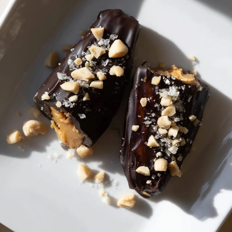 A close-up of the easy Date Bark Snickers-Style, showcasing the creamy peanut butter and dark chocolate.