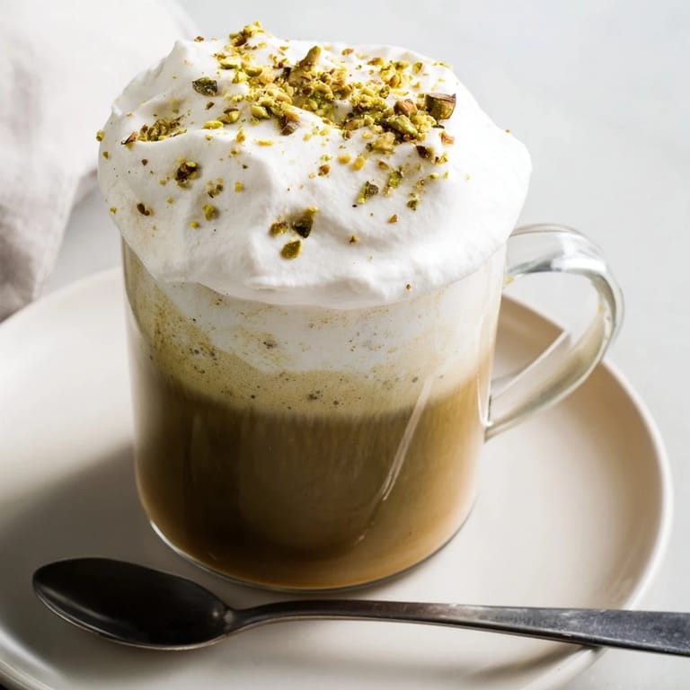 This delicious pistachio latte cloud shows a close-up of the beautiful layered coffee drink ready to enjoy.