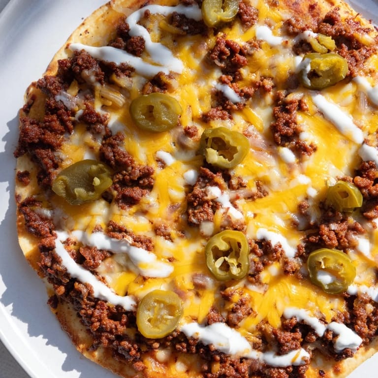 Eine dampfende Ground Beef Taco Pizza, belegt mit herzhaftem Rindfleisch, Käse und knusprigem Boden.
