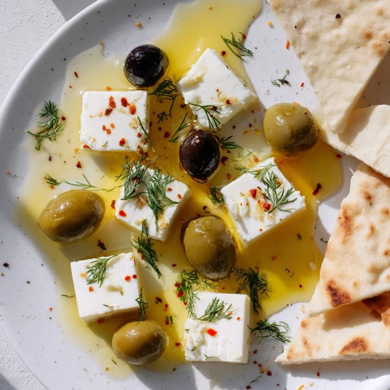 Golden, warm pita alongside a delicious Turkish Olives & Cheese Board with feta and honey.