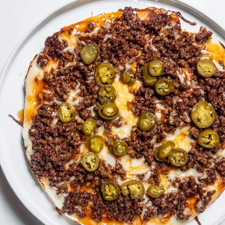 Savory Spicy Ground Beef Pizza Base, baked until golden, topped with melting cheese and hot honey.