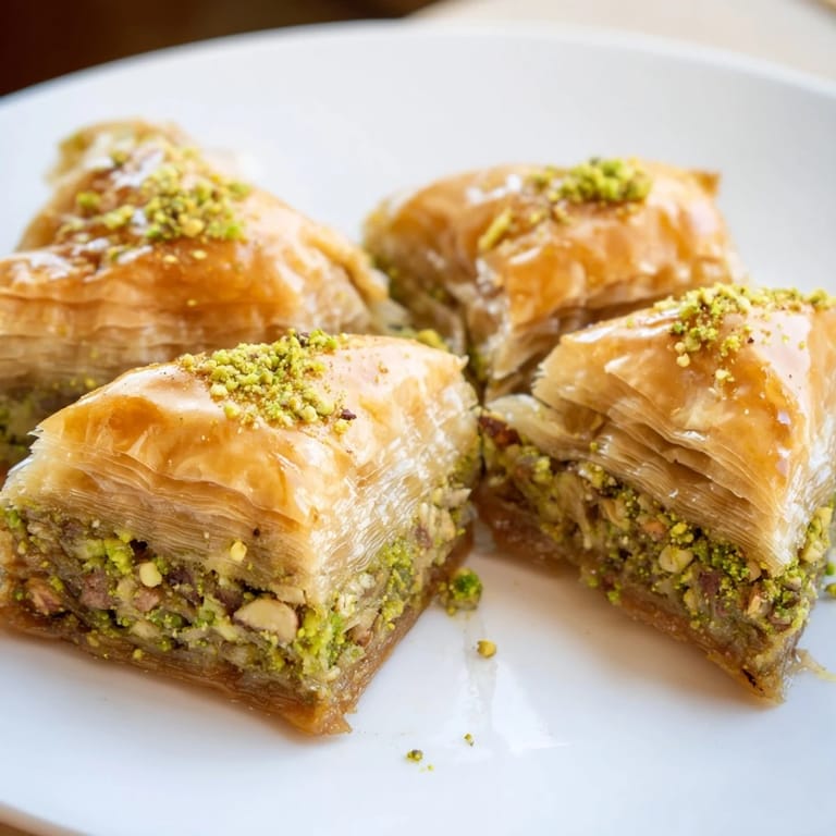 Close-up of freshly baked Turkish baklava, showing layers of nuts and phyllo pastry, ready to eat.