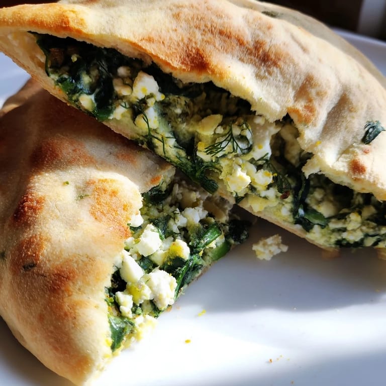 A close-up of a freshly made Turkish Spinach & Feta Flatbread, filled with herbs and feta, ready to eat.