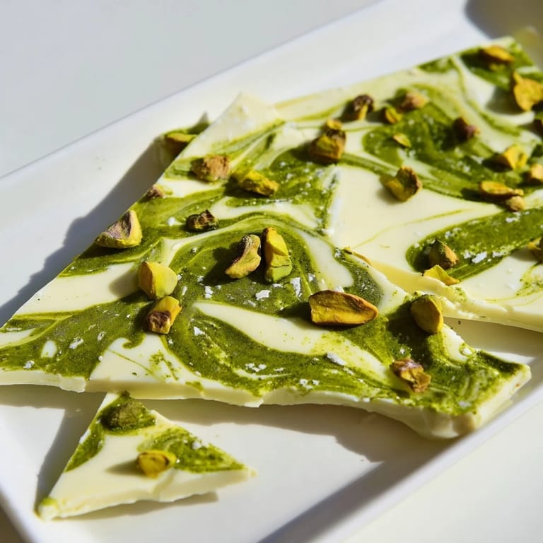 A close-up of colorful Pistachio Matcha white chocolate bark, a confectionary delight perfect for gifting.