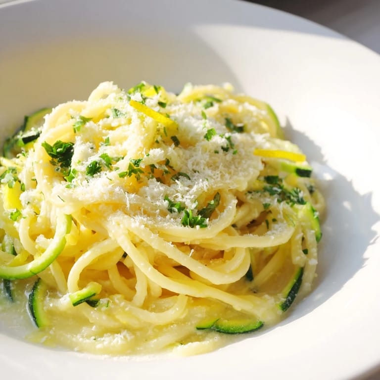 Dampfendes Lemon Zucchini Pasta Gericht mit goldbraunen Nudeln und frischen Zitronenscheiben auf rustikalem Holztisch.