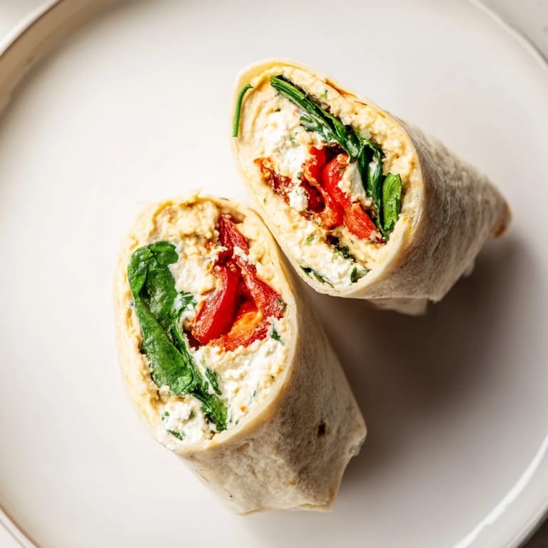 Saftige Mediterranean Veggie Wrap auf weißem Teller, belegt mit Paprika, Spinat und Kräutern für schnelle Mahlzeit.
