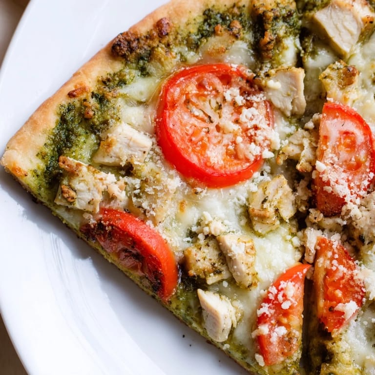Frisch aus dem Ofen: Chicken Pesto Pizza mit blättrigem Basilikum und würziger Parmesan-Frische.