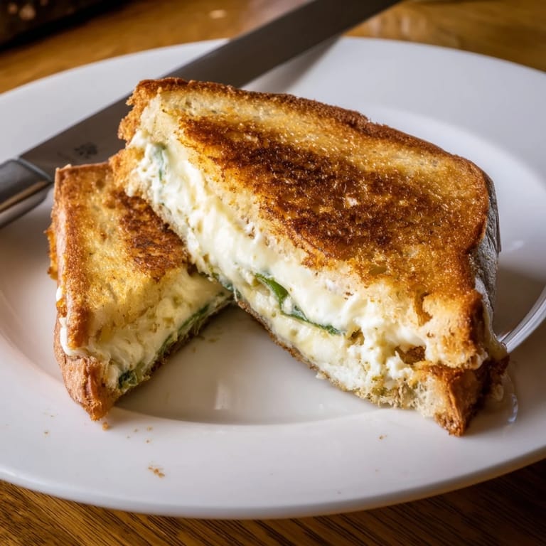 Das fertige Jalapeño Popper Grilled Cheese Sandwich zeigt cremigen, schmelzenden Käse und knuspriges Brot, perfekt für ein würziges Mittagessen.