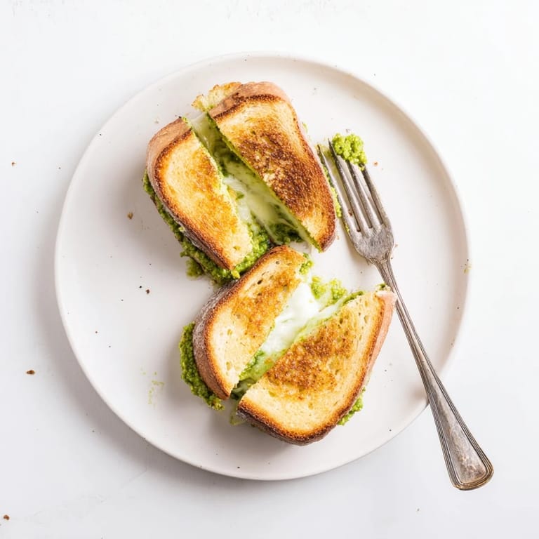 Dieses vegetarische Grilled Cheese Sandwich wird mit knackigen Erbsen und cremigem Mozzarella zwischen knusprigen Sauerteig-Brötchen zubereitet.