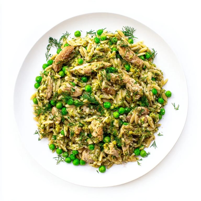 Steam rises from the bubbling Lemon Herb Chicken Orzo Skillet, revealing tender chicken and vibrant green peas mixed with orzo.