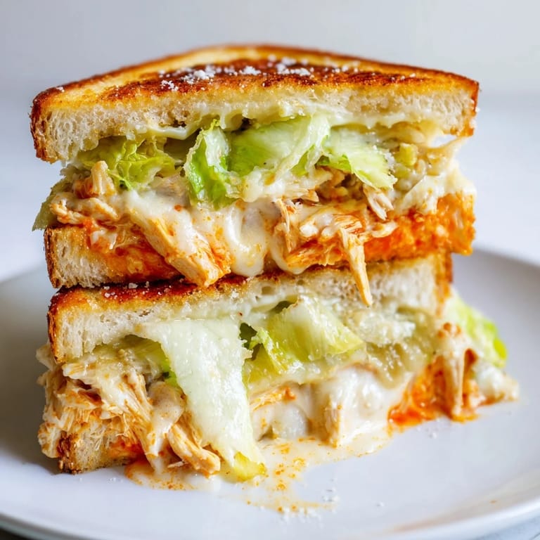 Saftiges, gewürztes Hühnchen mit cremiger Caesar-Soße und knuspriger Römersalat zwischen zähen Brotscheiben eines Buffalo Chicken Caesar Grilled Cheese.