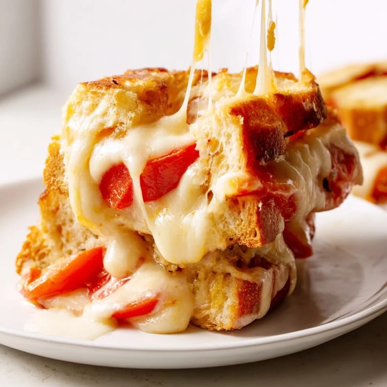 Melty Pepper Jack & Tomato Grilled Cheese, golden-brown crust with fresh tomato and spicy jalapeño bread.