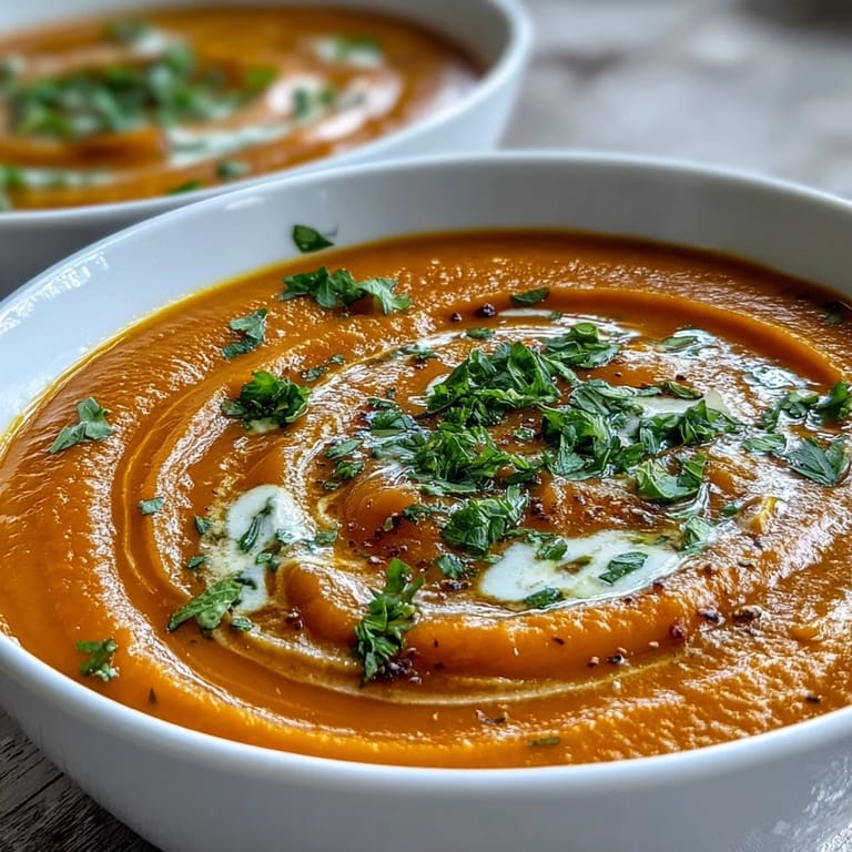 Vibrante Karotten-Ingwer-Suppe, warm serviert mit Zitronennote und Kräutern.