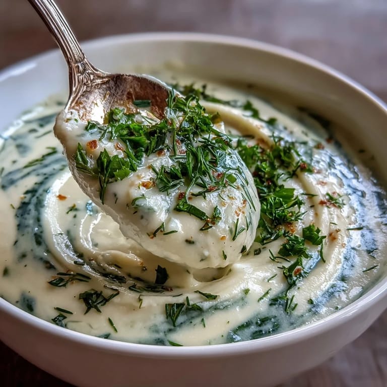 Herzhafte Ernte:köstliche Parsnips-Kräuter-Suppe, püriert und mit Kräutern garniert.
