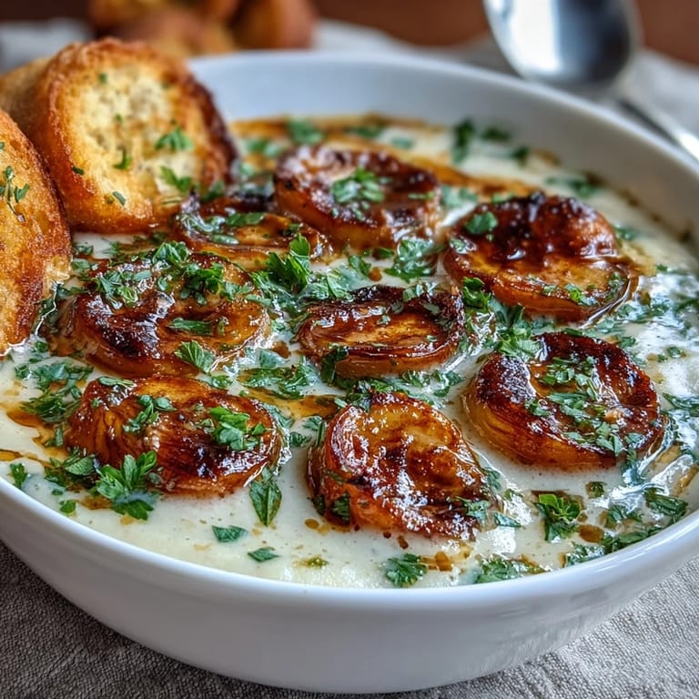 Würzige Röstknoblauch-Suppe in einer rustikalen Schüssel mit frischer Petersilie serviert.