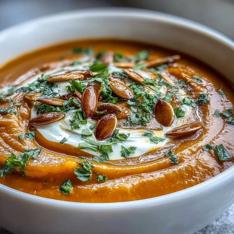 Leckere Butternut-Kürbis-Apfel-Suppe, püriert zu einem seidigen Genuss, mit Kürbiskernen garniert.