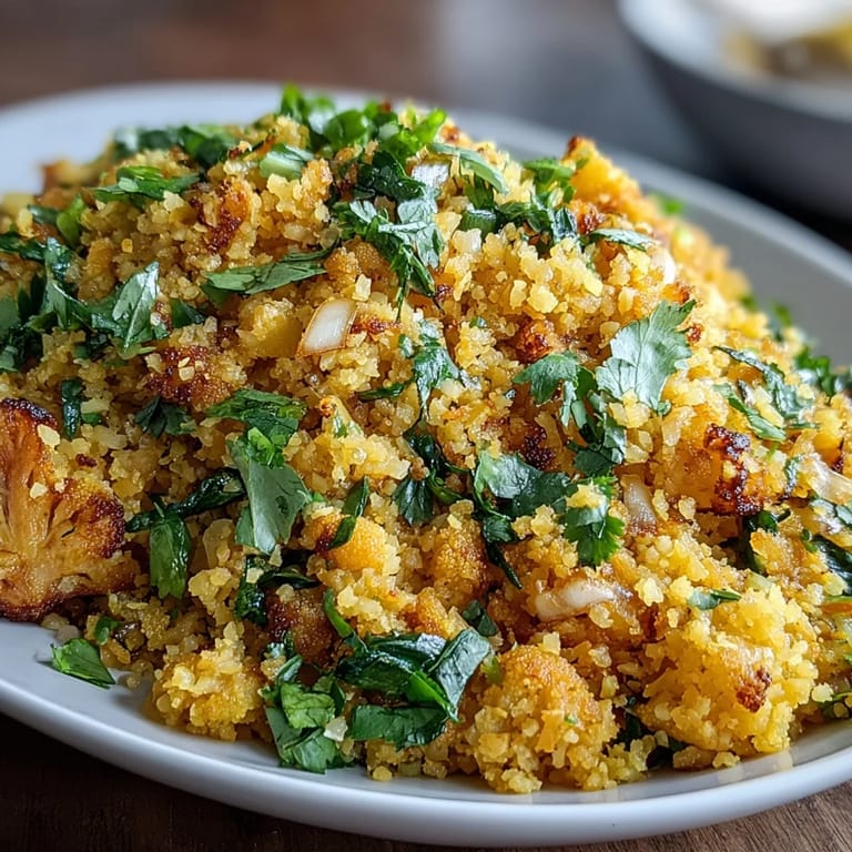 A bowl of fluffy, golden turmeric cauliflower rice garnished with parsley, lemon slices, and a pinch of chili flakes.