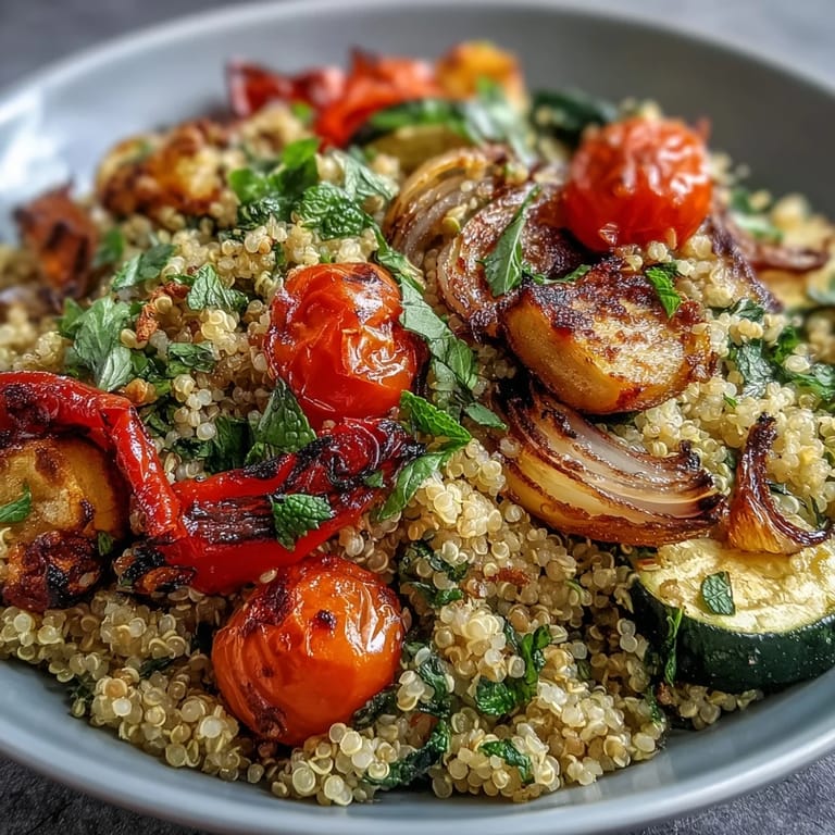 Steaming Quinoa Vegetable Pilaf in a skillet with colorful vegetables and lemon.