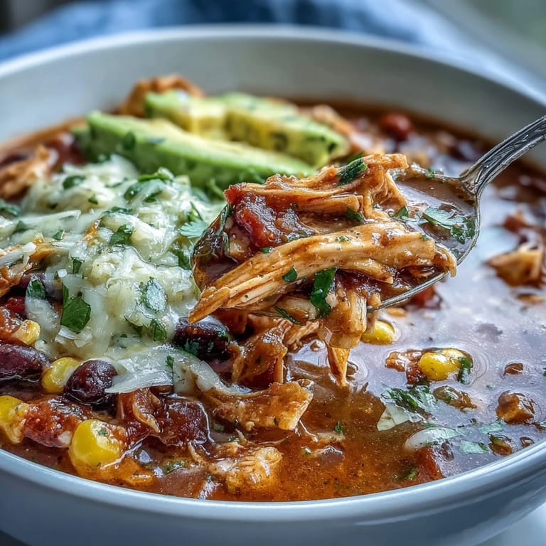 Wohlschmeckendes Instant Pot Chicken Tortilla Soup in einer Schüssel, belegt mit Sauerrahm, Mais und Jalapeño.