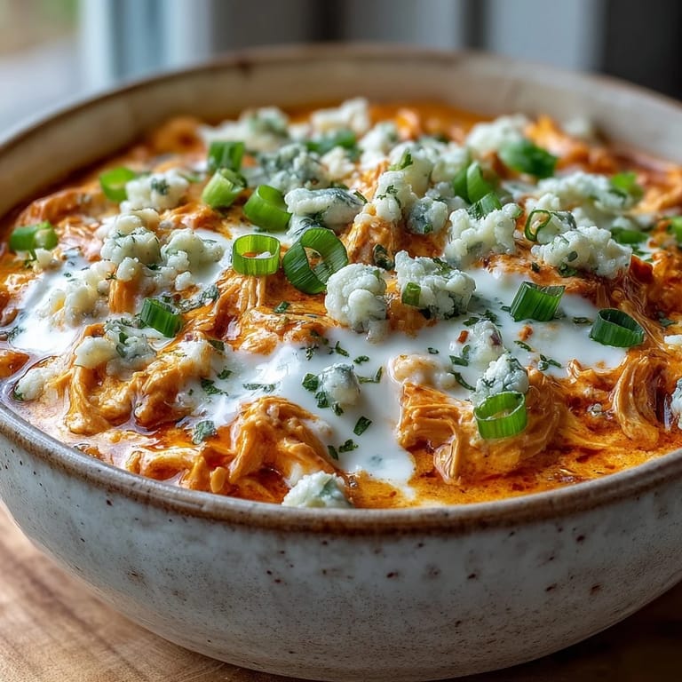 Crock Pot Buffalo Chicken Dip Soup angerichtet mit frischen Frühlingszwiebeln und blauem Käse.