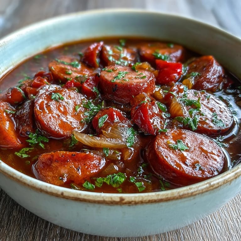 Crock Pot BBQ Cocktail Sausage Soup im Topf, mit Paprika und Zwiebeln gefüllt